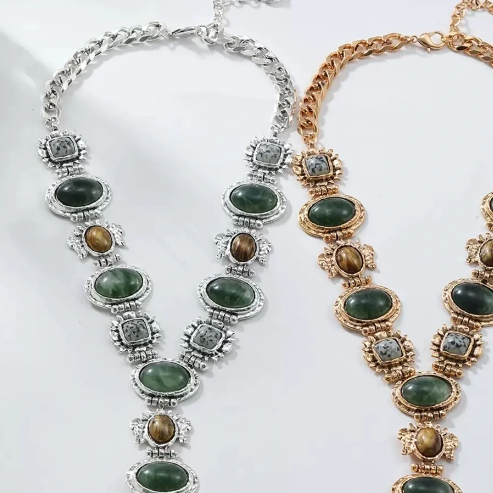 Vintage-Style Statement Necklace — Green & Amber Gem Accents - Picture 9 of 9